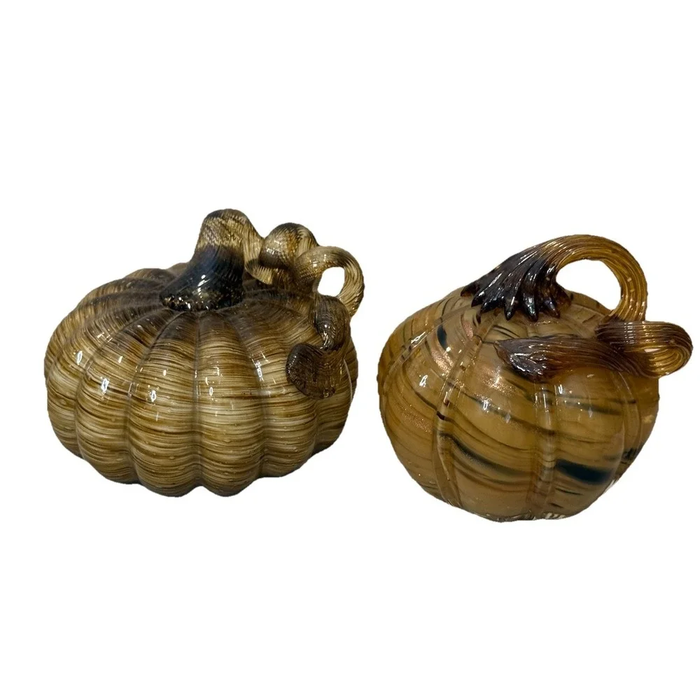Lot of 2‎ Hand Blown Glass Pumpkins Amber Brown Swirl Fall Harvest Thanksgiving